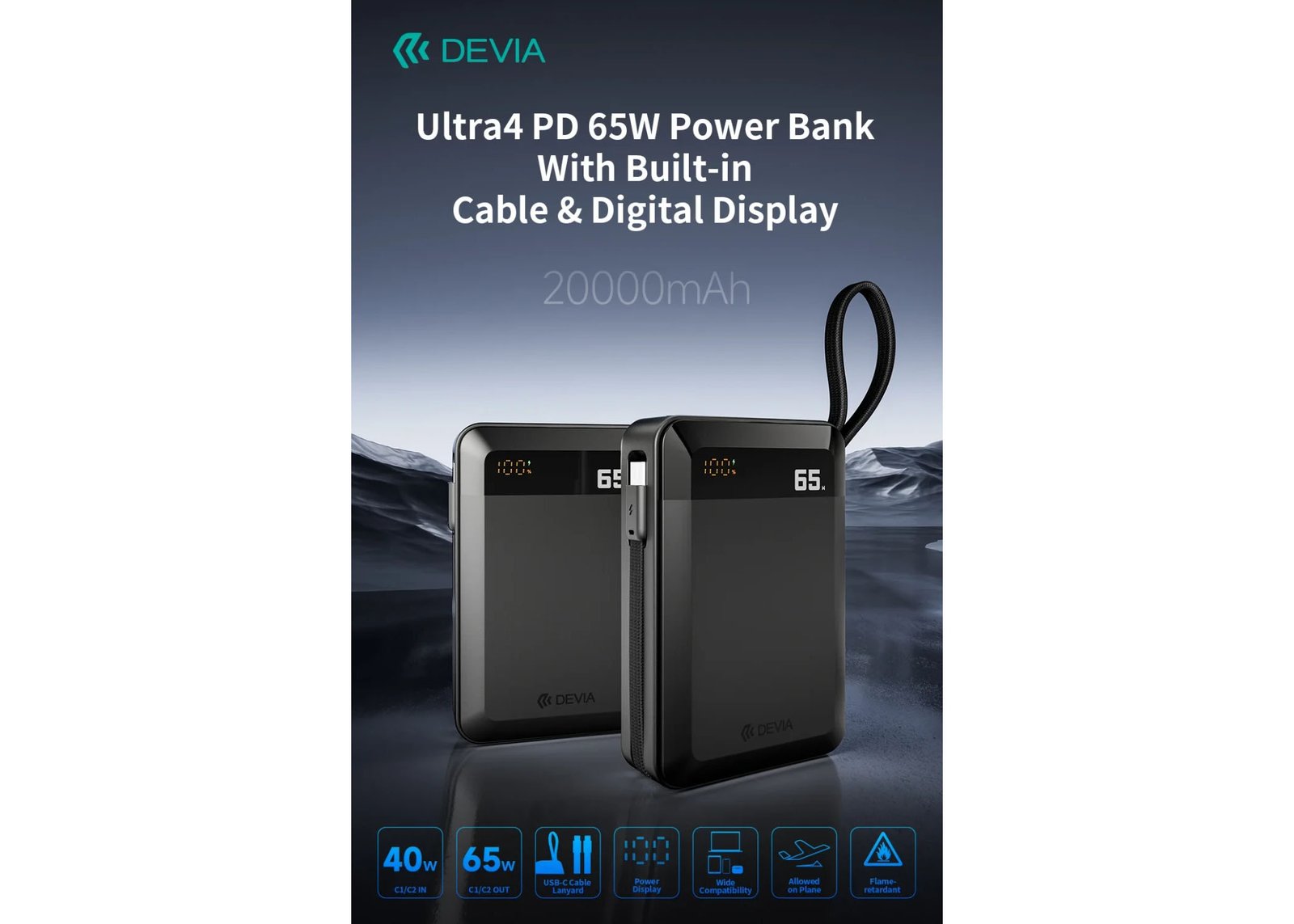 Ultra4 PD 65W Power Bank With Built-in Cable & Digital Display (20000mAh)